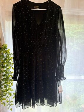 Taylor Black Long-Sleeve Chiffon Dress with Gold Dot Accents